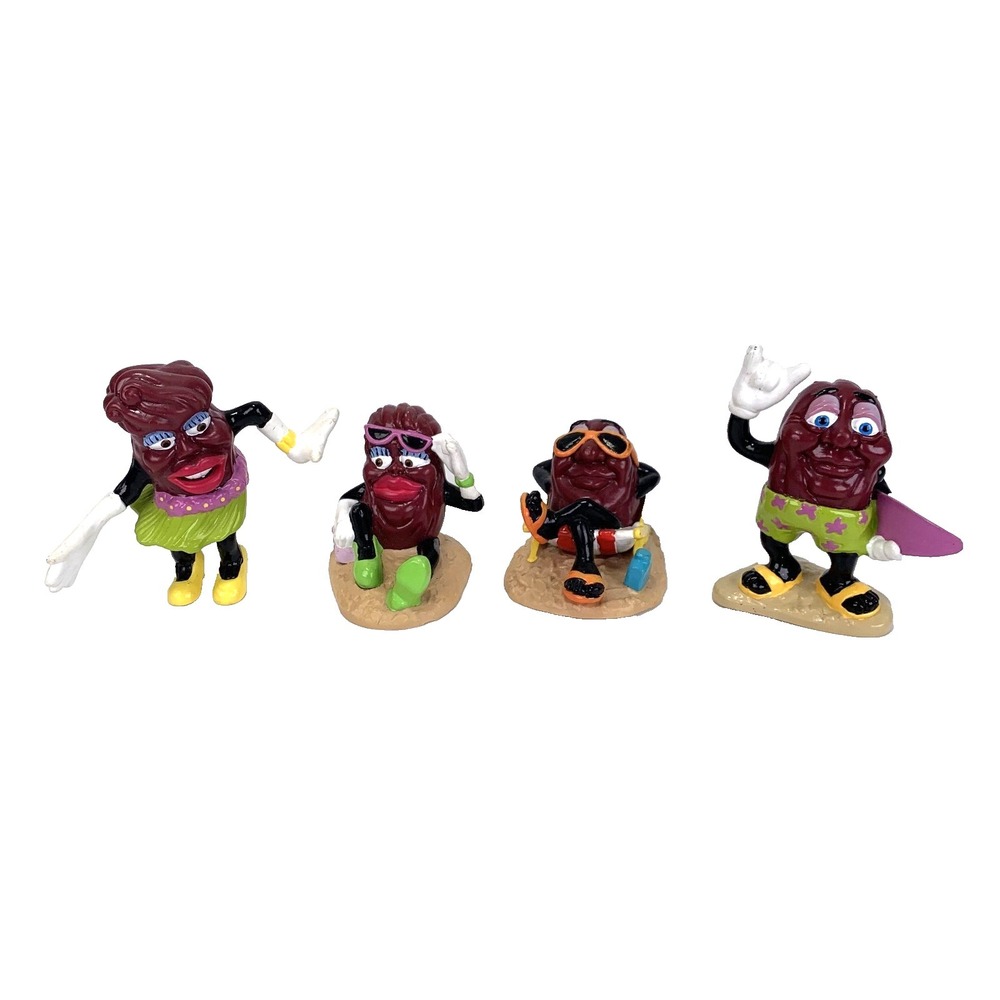 1988‎ California Raisins 4 PVC figures Beach Raisin Set Surfer Hula Girl Vtg